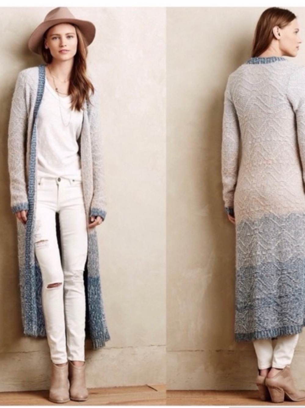 Anthropologie Moth Long Open-Front Gradient Knit Cardigan - Beige and Blue